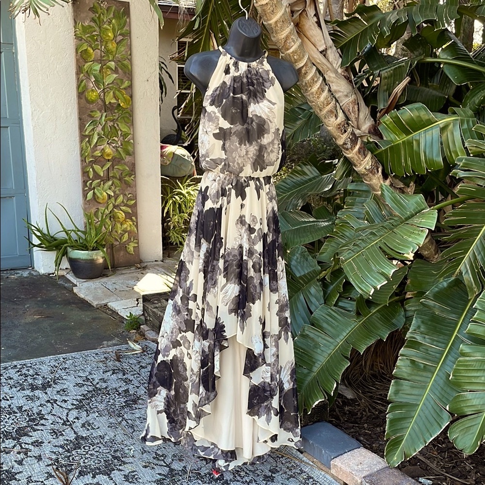 Eliza J halter look Hilow or asymmetric floral maxi dress